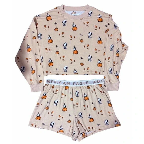 American Eagle Peanuts Fall Pumpkin Snoopy Plush Pajama Set Women's Size Large - Picture 1 of 16